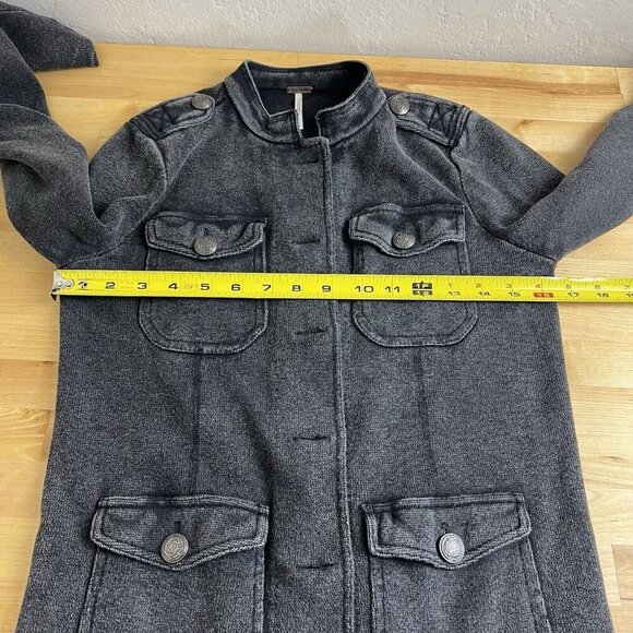 Free People Military Jacket Washed Black Gray Cotton Epaulets Buttons Size Small - Picture 11 of 12